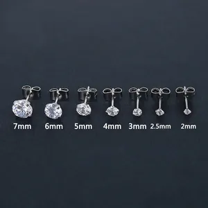 Silver stainless steel cubic zirconia stud earrings in seven sizes from 2mm up to 7mm