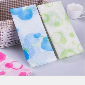 Long exfoliating nylon bath towels in blue, green and pink with textured pattern