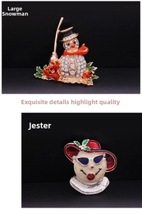 Detail of Christmas brooches featuring a crystal snowman and a colorful clown face design