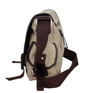 Canvas messenger bag in khaki with brown straps shown from a side 45-degree angle view