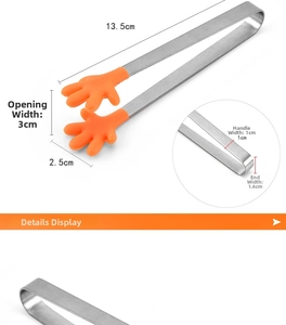 Detailed view of mini stainless steel food tongs with orange silicone hand shaped heads