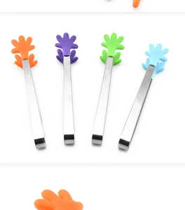 Mini stainless steel food tongs with palm-shaped silicone heads in four bright colors