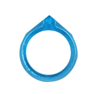 Detailed view of a blue translucent resin ring featuring a modern triangular crown design