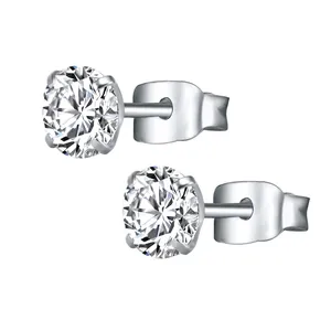 Pair of classic silver stainless steel stud earrings with round cubic zirconia in four-claw setting