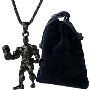 Black electroplated barbell fitness necklace for men with muscular pendant and pouch