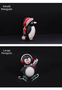 Detailed close-up of festive enamel penguin brooches with holiday hats and scarves