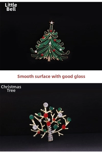 Detailed macro view of enamel and rhinestone Christmas tree brooches on black background
