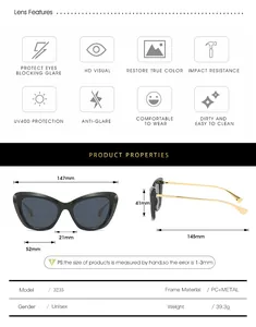 Detailed size chart for retro cat-eye sunglasses with UV400 PC frames and metal temples