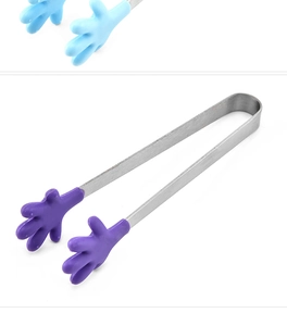Detail of stainless steel mini food tongs with colorful palm-shaped silicone heads