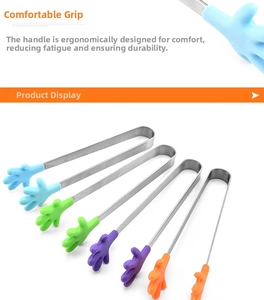 Detail view of mini stainless steel food tongs with colorful silicone hand-shaped tips
