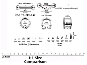 Size guide for belly rings showing measurements of gauge, bar length, and bead diameters