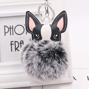 French Bulldog Dog Pom Pom Keychain Faux Fur PU Leather Bag Charm Car Pendant Cute Animal Accessory