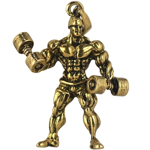 Detailed view of bronze muscular bodybuilder pendant with barbell for fitness necklace