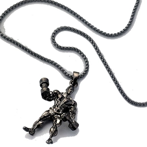 Barbell weightlifting bodybuilder pendant necklace with gun black round box chain for men