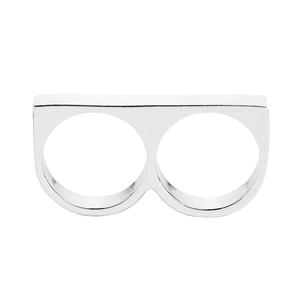 Macro detail of silver double-finger metal ring with sleek rectangular geometric design
