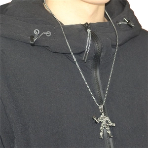 Barbell bodybuilding necklace with muscular male athlete pendant in matte gunmetal finish