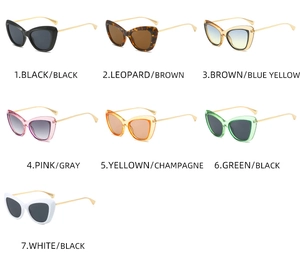 Detailed matrix display of cat eye sunglasses showing multiple color frame options