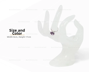 White plastic hand model jewelry display stand with dimensions 8cm wide and 17cm high
