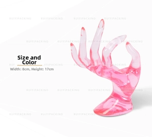 Pink translucent hand-shaped jewelry stand for rings and bracelets, size 8x17cm