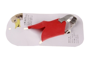 Red silicone duckbill dog muzzle size M with adjustable strap and retail packaging