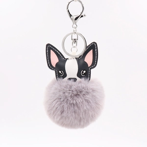 Cute Boston Terrier pom pom keychain with grey faux fur ball and silver PU leather