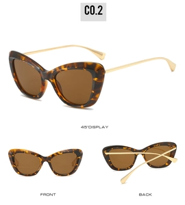 Three views of retro tortoise cat-eye sunglasses with slim golden metal temples