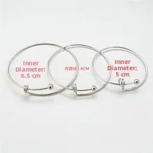 Three silver adjustable wire bracelets shown with inner diameters of 5cm, 6cm, and 6.5cm