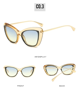 Detailed views of cat-eye sunglasses with amber frames and blue-yellow gradient lenses