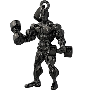 Detailed view of gunmetal dumbbell lifter pendant with defined muscle definition