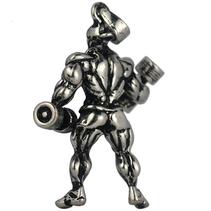 Barbell weightlifting necklace with muscled male pendant in antique silver finish