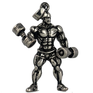 Close-up of a silver barbell weightlifting man pendant with vintage muscle detailing