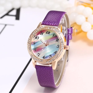 Detailed close-up of rainbow dial watch with purple leather strap and rhinestone bezel