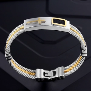 Mens two-tone braided cable bracelet with golden cross and stainless steel clasp