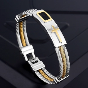 Men's Stainless Steel Cross Bracelet Woven Wire Cable Bangle Religious Fashion Punk Jewelry