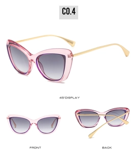 Three-angle view of pink cat-eye sunglasses with gold metal temples and UV protection