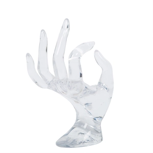 Transparent OK hand jewelry display stand for rings and bracelets on white background