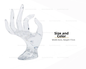 Clear acrylic OK hand jewelry stand display showing dimensions 8cm width and 17cm height
