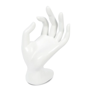 White OK hand gesture jewelry display stand for rings and bracelets on white background