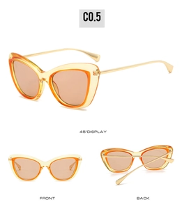 Three-angle display of cat eye sunglasses with orange frames and slim gold metal temples