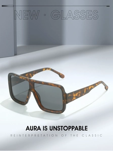 Macro detail of tortoiseshell square sunglasses frame with dark grey tinted lenses