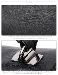 Detailansicht aus schwarzem Leder mit Litschi-Struktur und Gunmetal-Beschlägen der Tasche