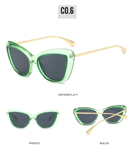Detailed multi-angle views of cat eye sunglasses with green frames and gold metal temples