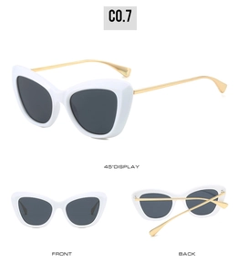 Three views of retro white cat-eye sunglasses with slim gold metal temples