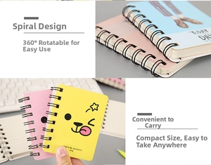 Detail of A7 mini spiral notebook showing 360-degree flip design and cartoon cover