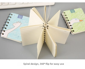 Detail of A7 cartoon notebook showing 360-degree double-wire spiral and lined inner pages