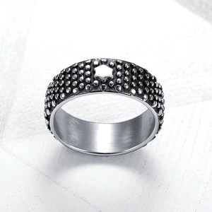 Retro Stainless Steel Ring Punk Hip Hop Dotted Texture Wide Band Hexagon Star Pattern Vintage Jewelry