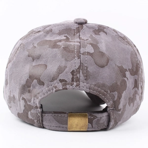 Camo faux suede baseball cap with a vintage metal buckle adjuster on a white background