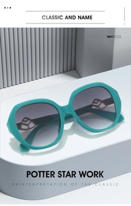 Detailed view of teal oval sunglasses featuring elegant rose gold geometric temple accents