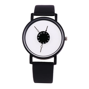 Minimalist quartz watch with white dial, rotating numbers and black leather strap