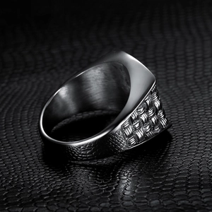 Vintage braided mesh stainless steel ring for men with polished inner band on leather